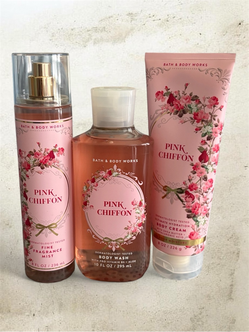 Bath & Body Works Pink Chiffon Body Wash, Fragrance Mist & Body Cream Set NEW